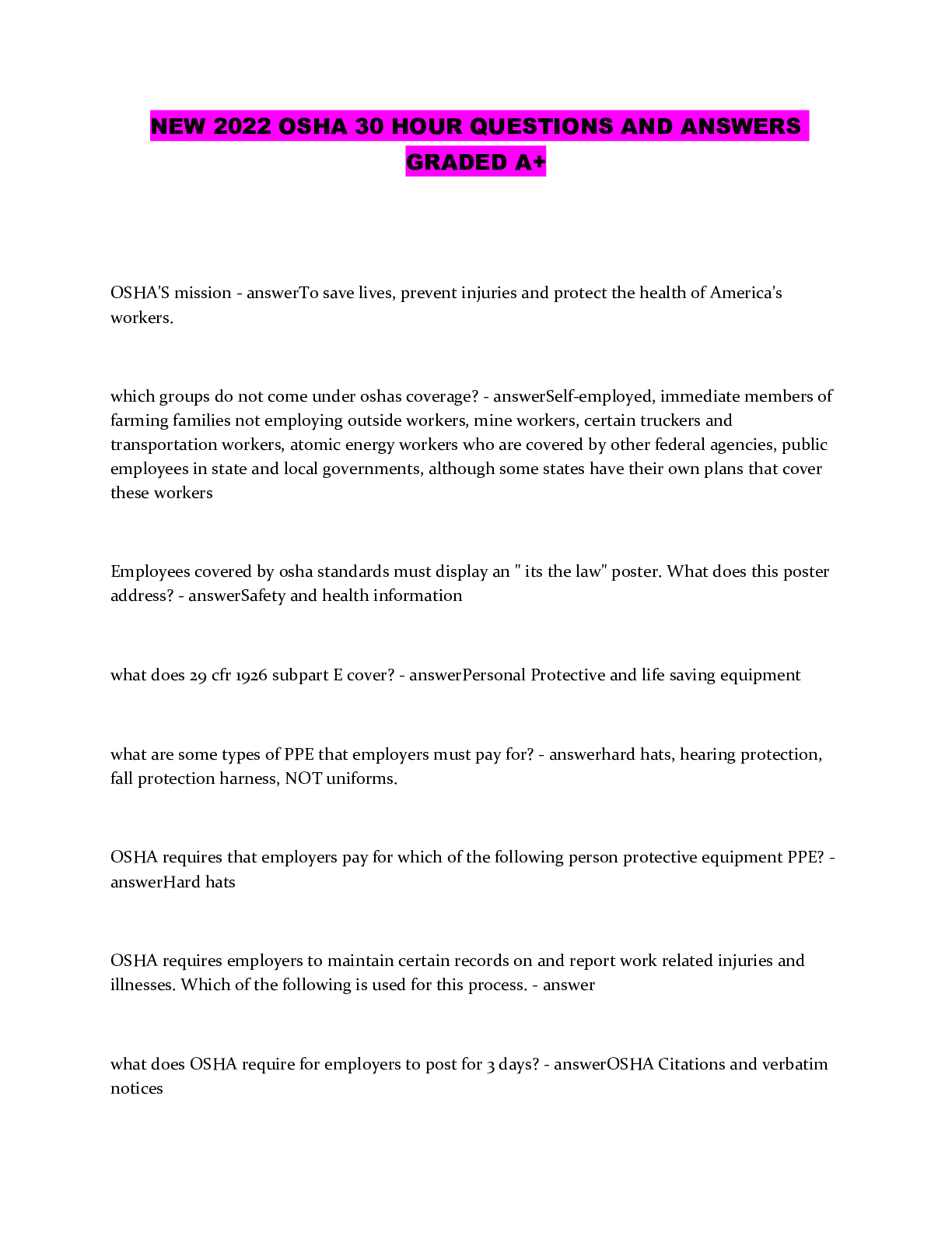 Preview of NEW 2022 OSHA 30 HOUR QUESTIONS AND ANSWERS GRADED A+